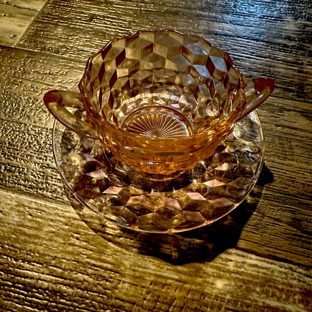 Jeanette “Cubist” Pink Depression Cup Plus Two Saucers